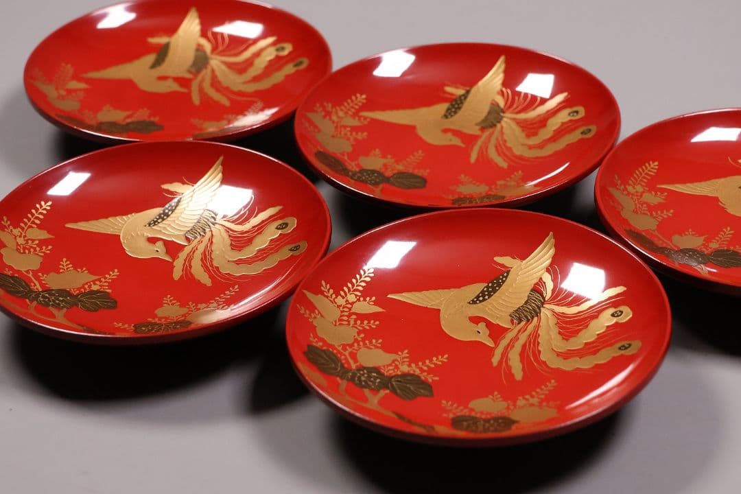 【CM244】時代木製漆器 桐鳳凰・菊 金蒔絵 朱塗 引盃 五客 木製漆器 小皿