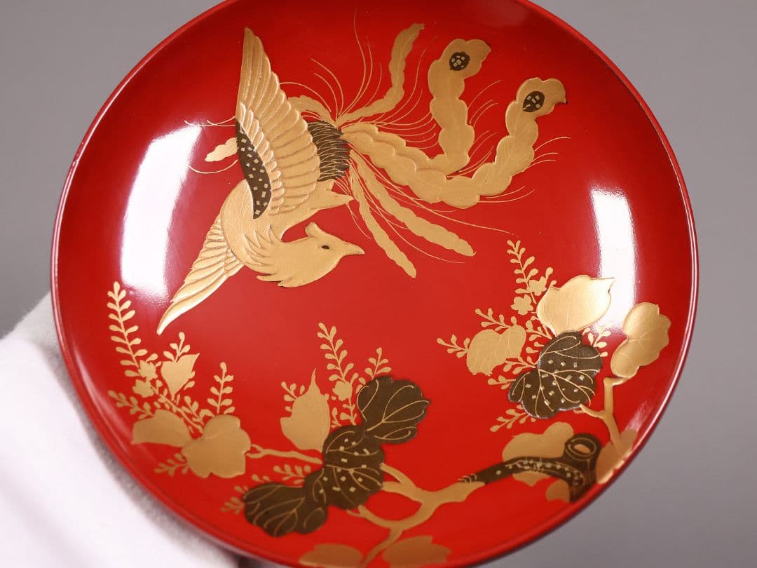 【CM244】時代木製漆器 桐鳳凰・菊 金蒔絵 朱塗 引盃 五客 木製漆器 小皿