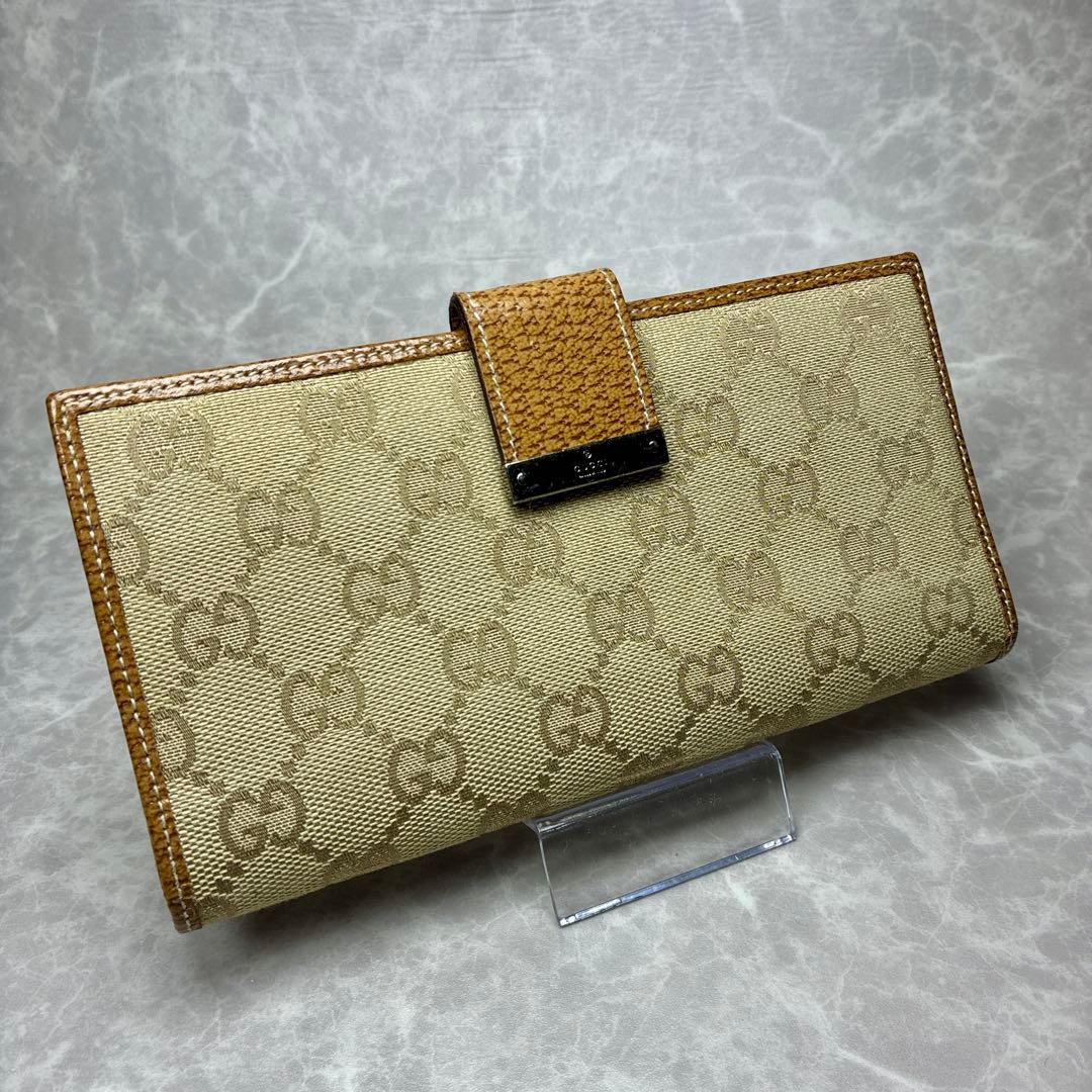 【美品】GUCCI グッチ 長財布 GGキャンバス×レザー ベージュ×ブラウン