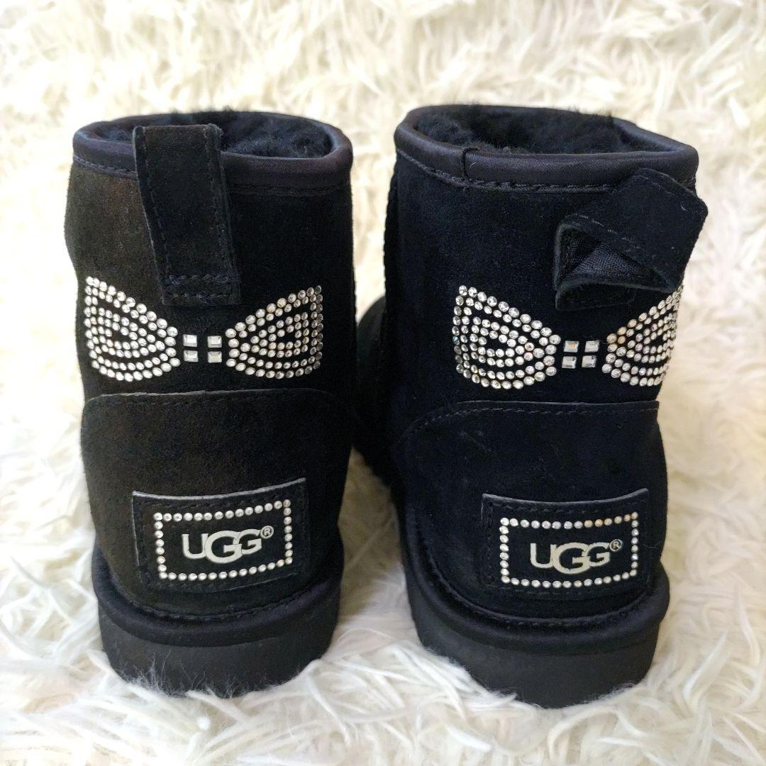 【美品】UGG アグ ラインストーン リボン ムートンブーツ ブラック　黒
