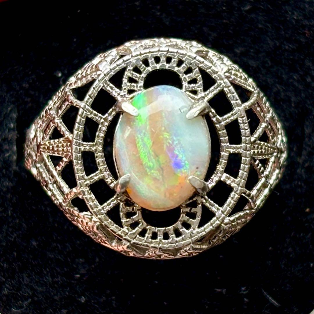 セミブラックオパールシルバーリングアールデコ フィリグリースタイルリボンパターン