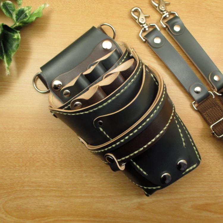 ダークグリーン＆焦げ茶　６丁差し　本革シザーケース　SCA-100/CGC