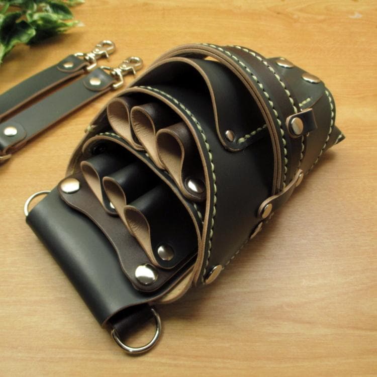 ダークグリーン＆焦げ茶　６丁差し　本革シザーケース　SCA-100/CGC