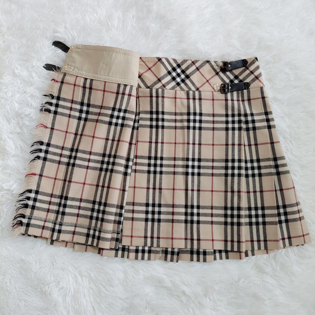 極美品✨バーバリーブルーレーベル　ラップスカート　プリーツ　ノバチェック　牛革