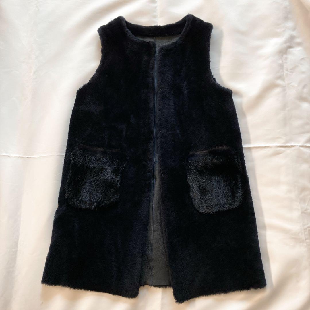 Zelal 元町ゼラール 羊革 ムートン ロングベスト リバーシブル ネイビー