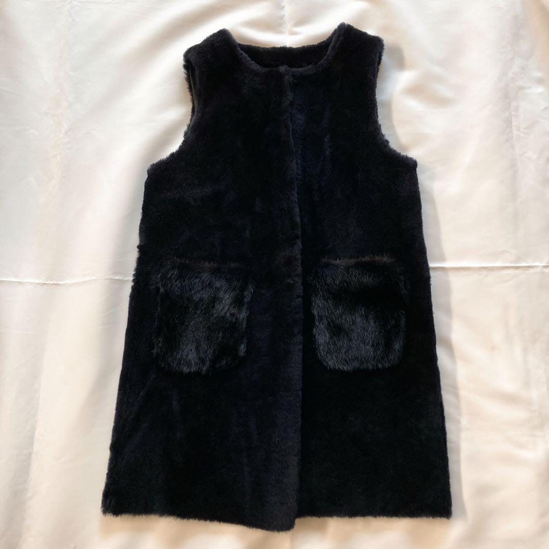 Zelal 元町ゼラール 羊革 ムートン ロングベスト リバーシブル ネイビー