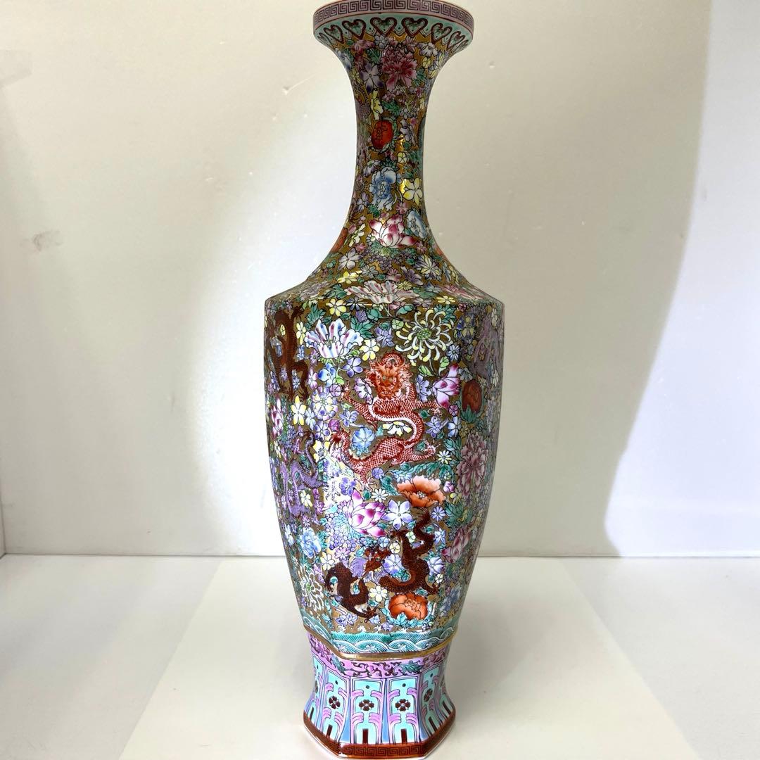 中国美術　粉彩　花と龍図花瓶　高さ44㎝　東Y7-0530③タサオ