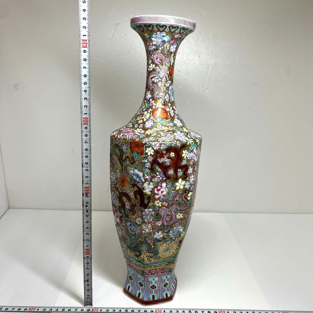 中国美術　粉彩　花と龍図花瓶　高さ44㎝　東Y7-0530③タサオ