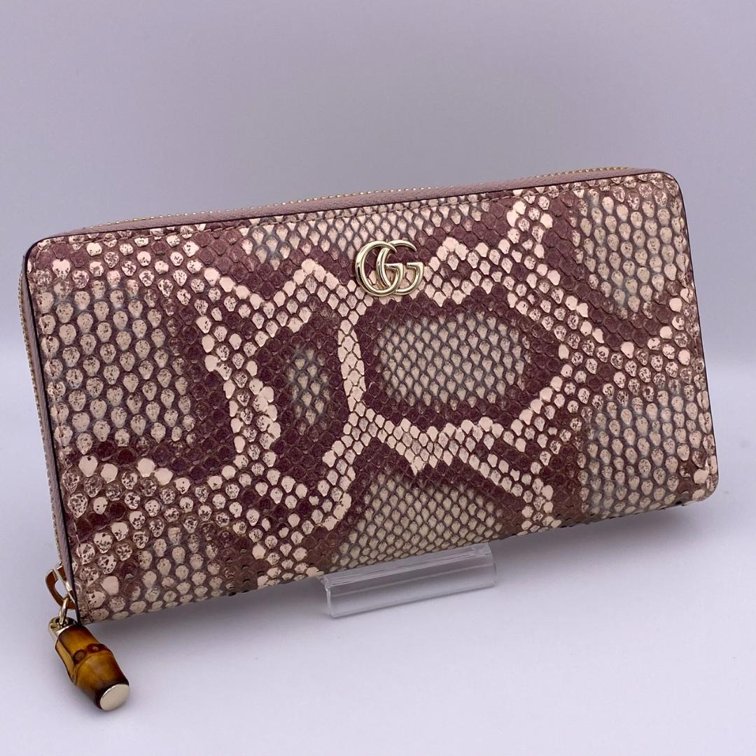 美品 GUCCI グッチ バンブー ラウンドジップ パイソン 長財布 ピンク