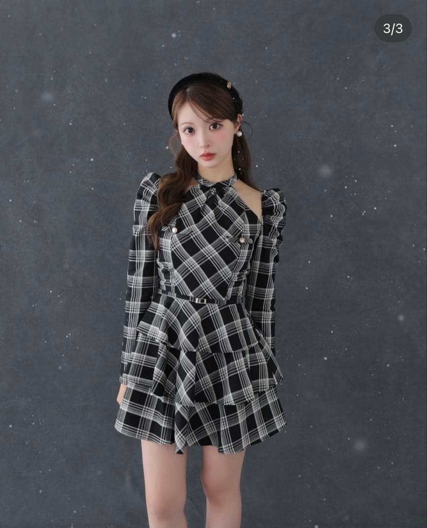 ワンピース mmeeme Sleeve halter check mini onepiece