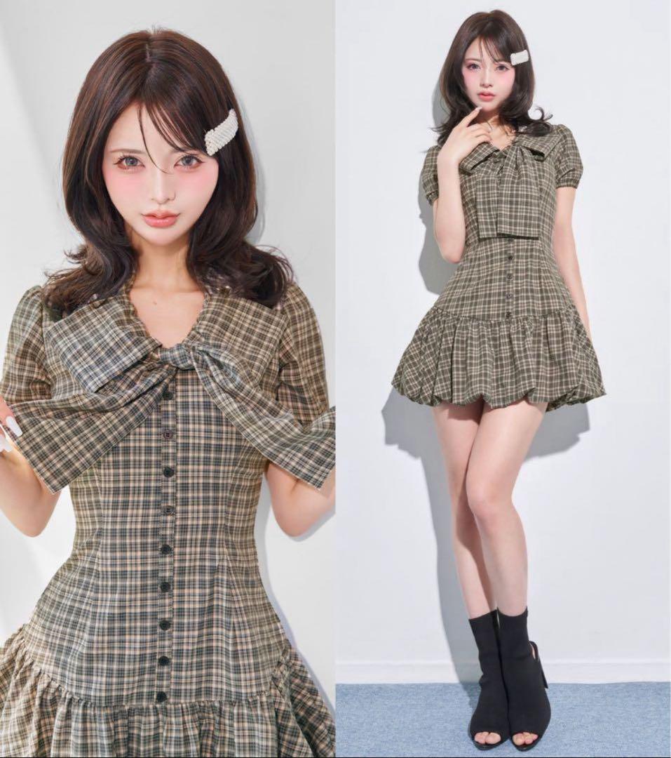 新品タグなしDarich ビッグリボンバルーンチェックミニワンピース