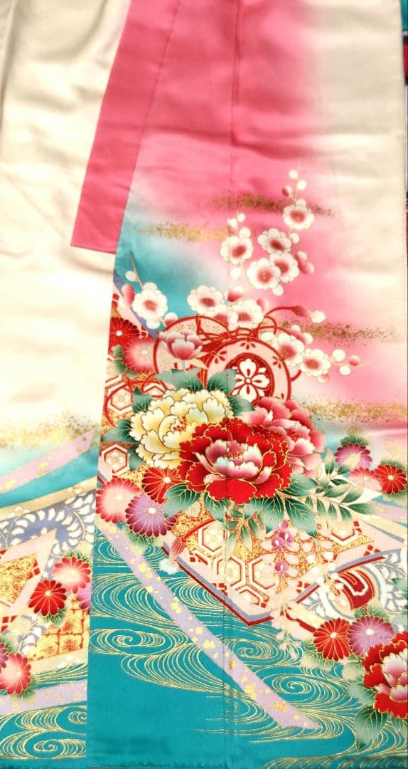 １回使用 7才 七五三 正絹&金刺繍の着物 帯 長襦袢 帯揚 帯板 帯枕 腰紐