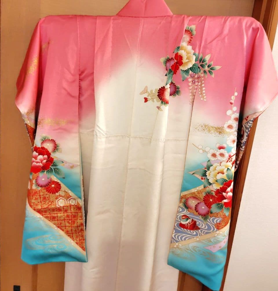 １回使用 7才 七五三 正絹&金刺繍の着物 帯 長襦袢 帯揚 帯板 帯枕 腰紐