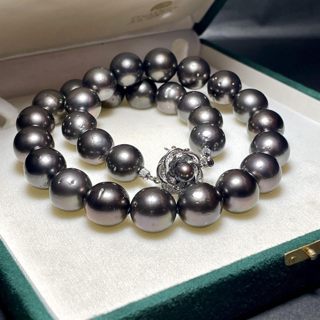 【大珠◎/糸替え/クリーニング】黒蝶真珠 パール ネックレス 13-14.8mm