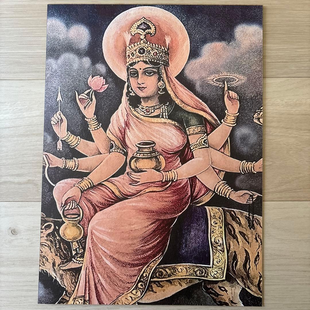 希少、アンティーク調、ヒンドゥー教、インド女神像、キャンバス板張り、フック付き