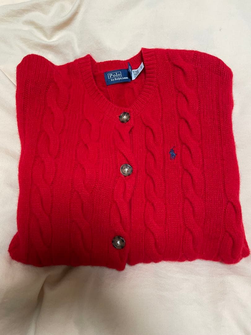 【極美品】ポロバイラルフローレン　カシミヤ混　ケーブルニット　カーディガン　赤