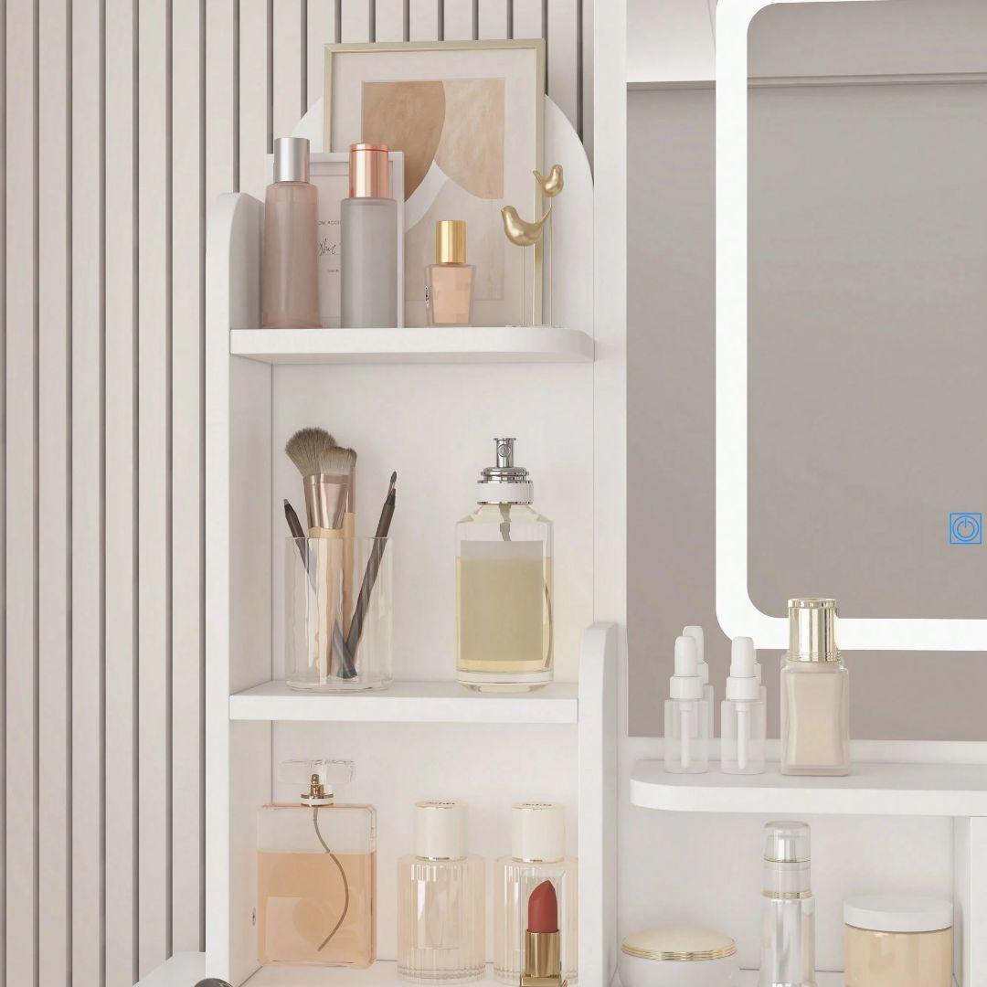 3 色 LED ライトと多機能収納を備えたコンパクトな白い化粧台。