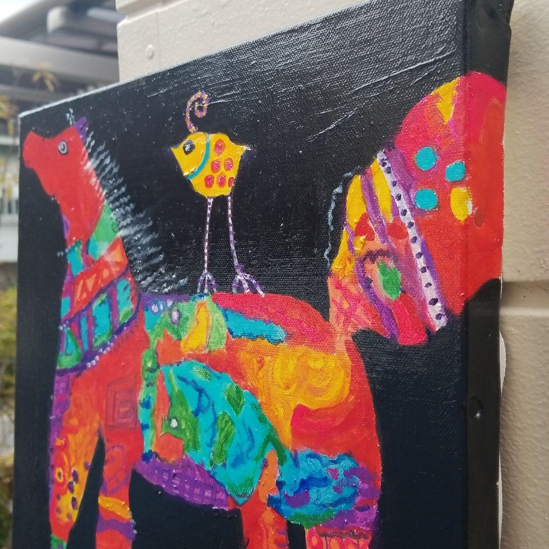 油絵　専用　大好きな馬に乗る鳥