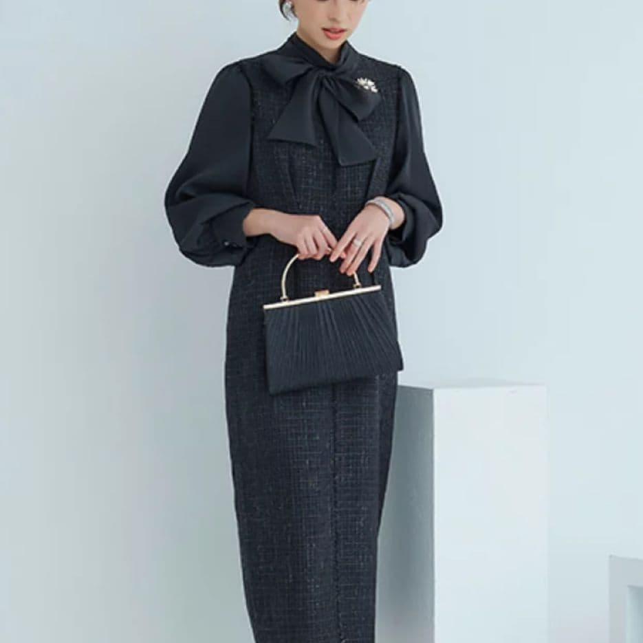 ルイルエブティック ミックスツイードコンビ ロングナローワンピース ドレス ラメ