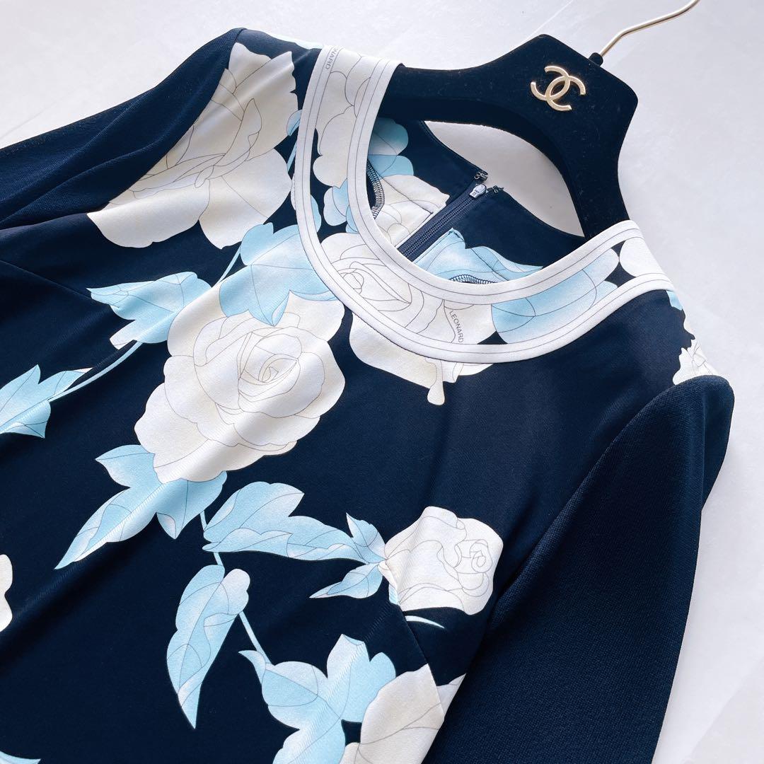 美品✨レオナール カンカン素材 チュニック フレア 花柄 ゆったり 38