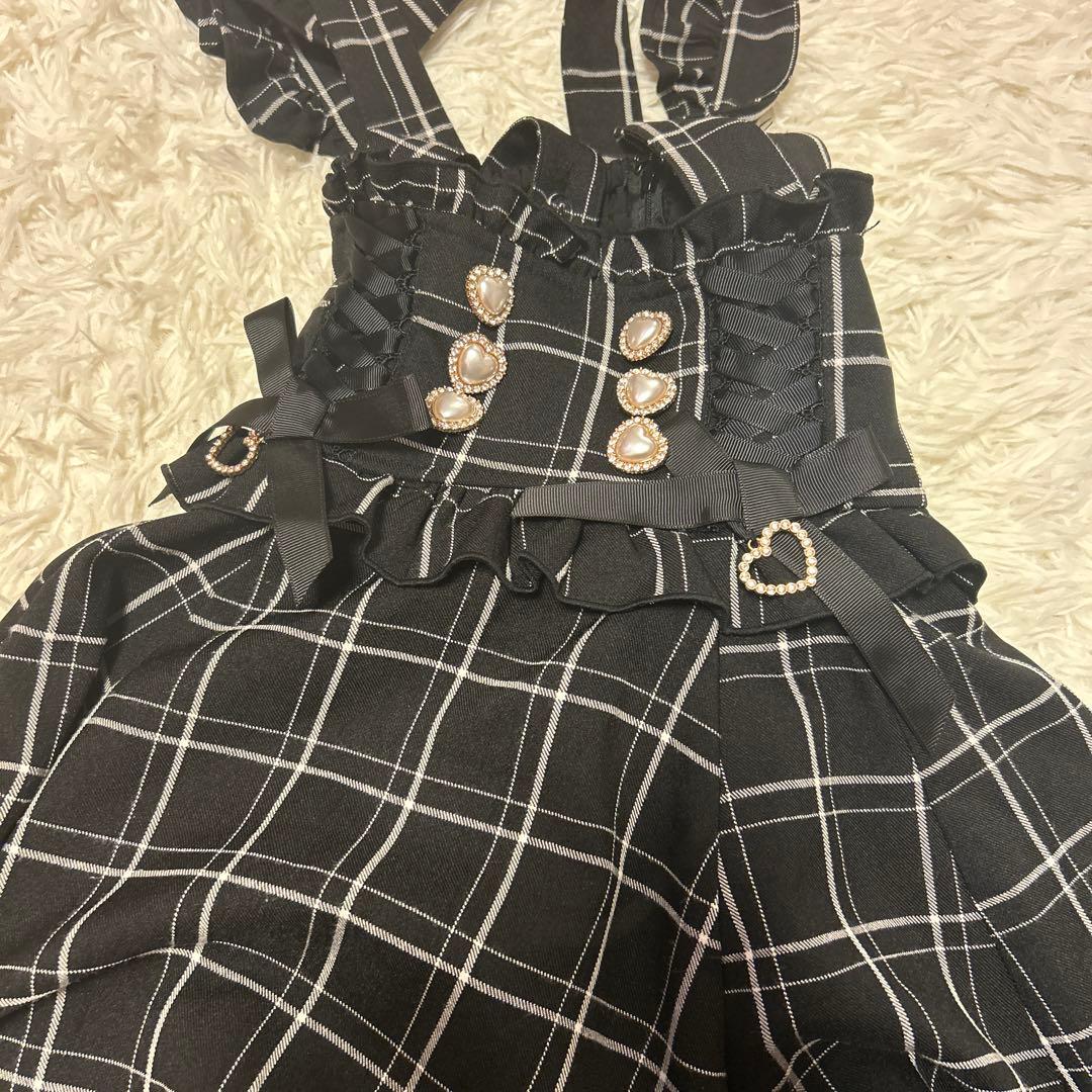 LIZLISA レースアップサスペンダー付きスカパン ブラックチェック