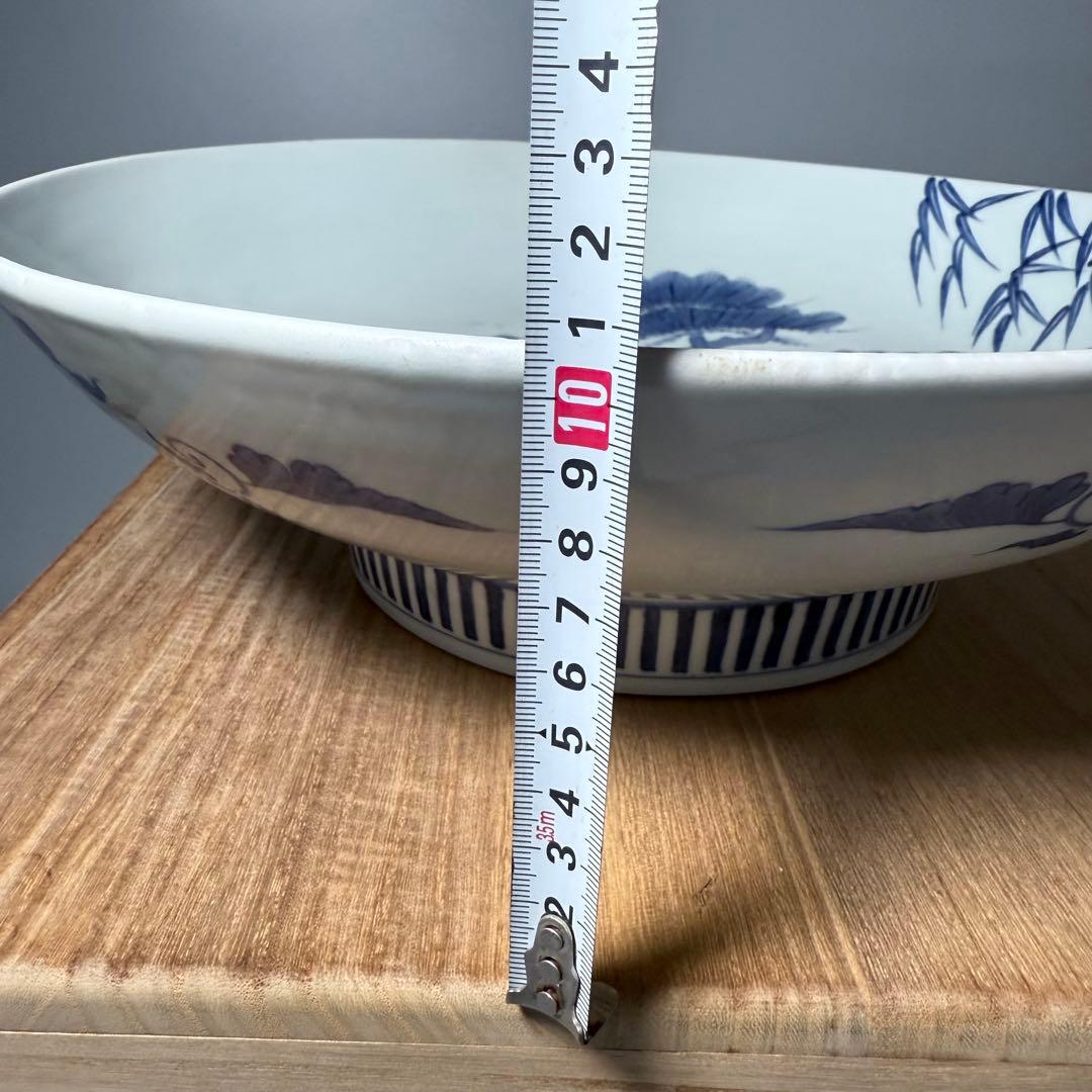 江戸後期　染付松竹梅大皿　後期鍋島　三方兜唐花文　高台櫛目文　桐箱付　34cm