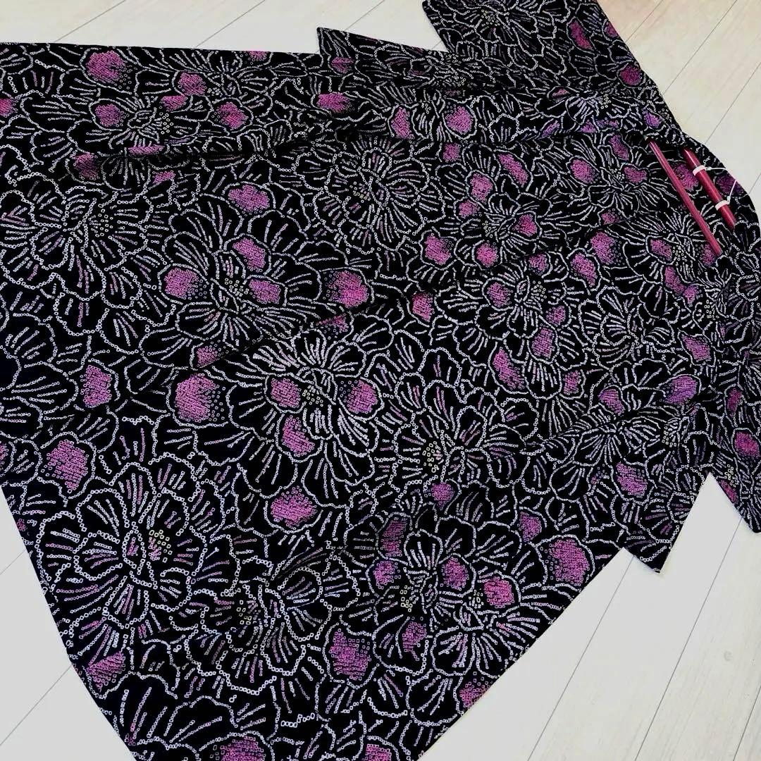 パゴス 有松鳴海絞り浴衣　黒地に大輪花模様　絞り浴衣　No.22