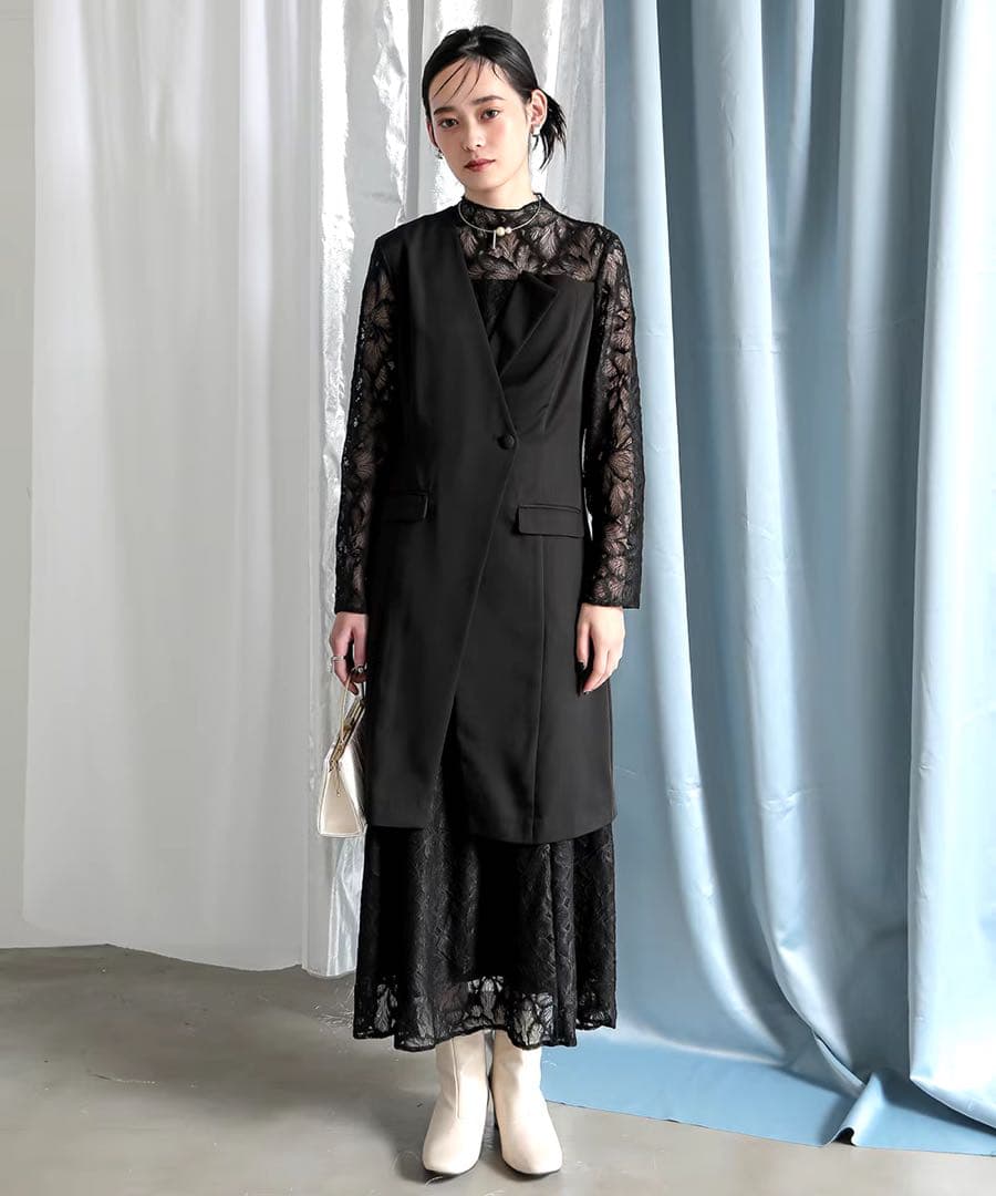 ジャケットドッキングデザインスタンドカラーレースワンピースドレスCallarus