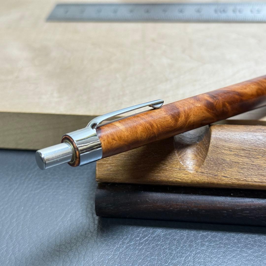 125花梨瘤濃色源平柄　木製シャーペン　強低重心R ステンレスローレット