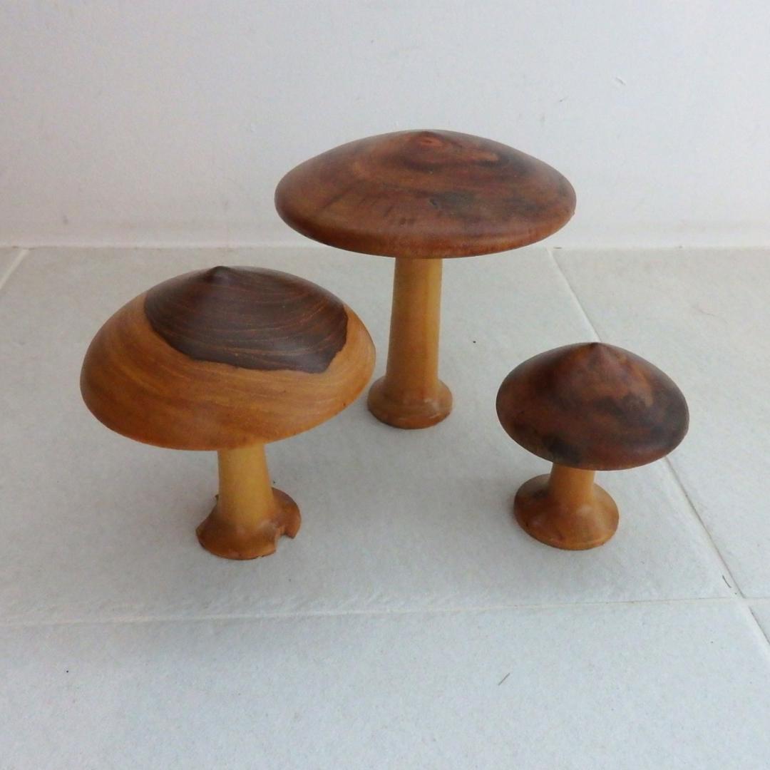 ヴィンテージ　きのこ　木製　置物　3個セット　木彫り