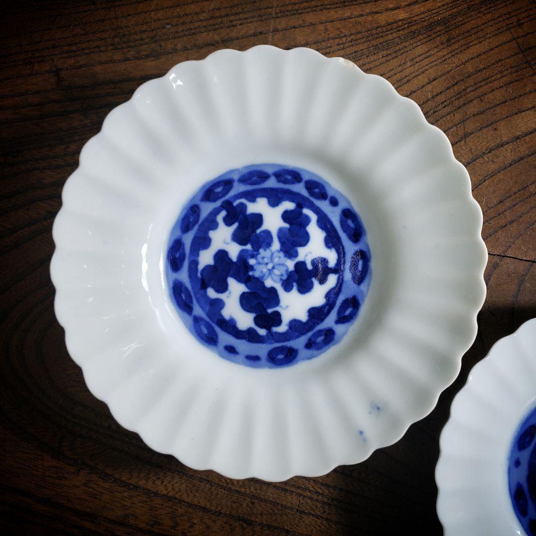 菊花形 皿 輪花 二枚 白磁 染付 四弁花 薄造 明治 大正 訳あり 欠け