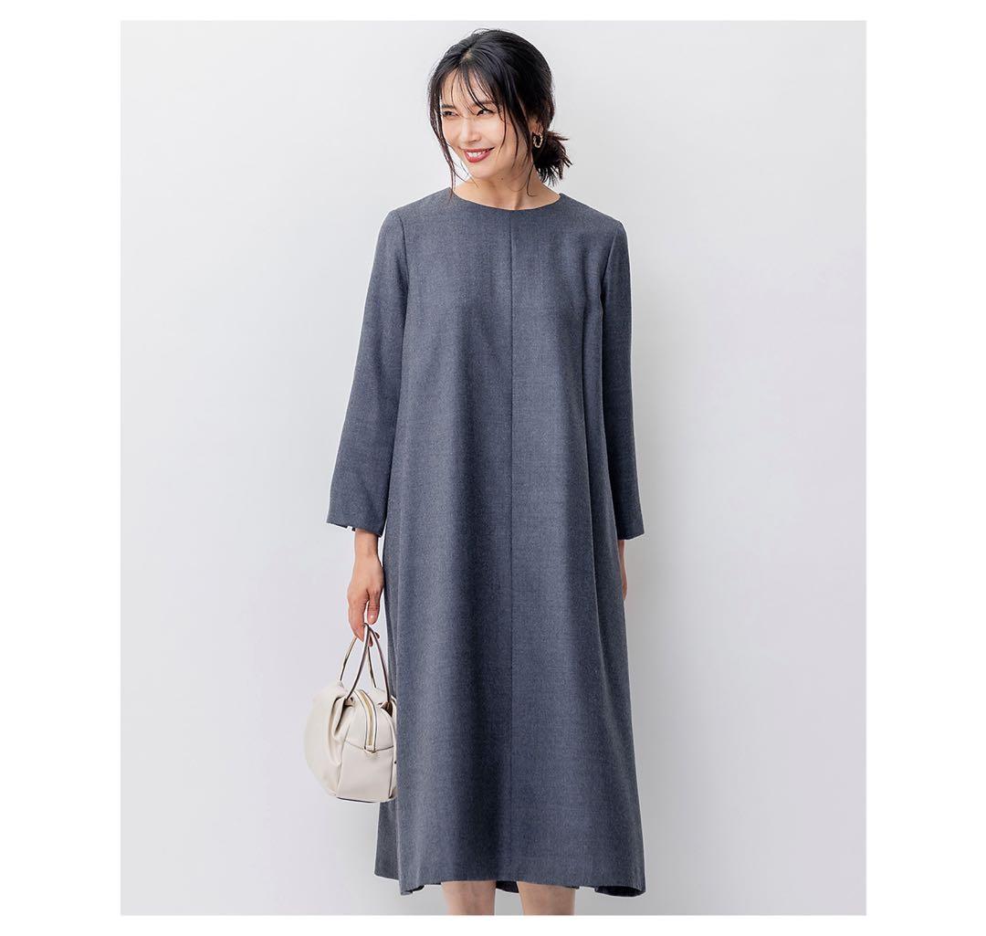 23区　ウールジョーゼット Aライン ワンピース　グレー