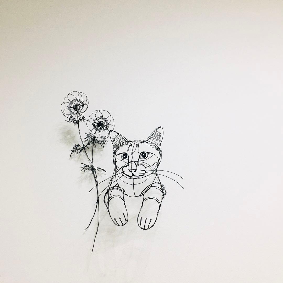 ワイヤーアート　ワイヤークラフト 花とねこ