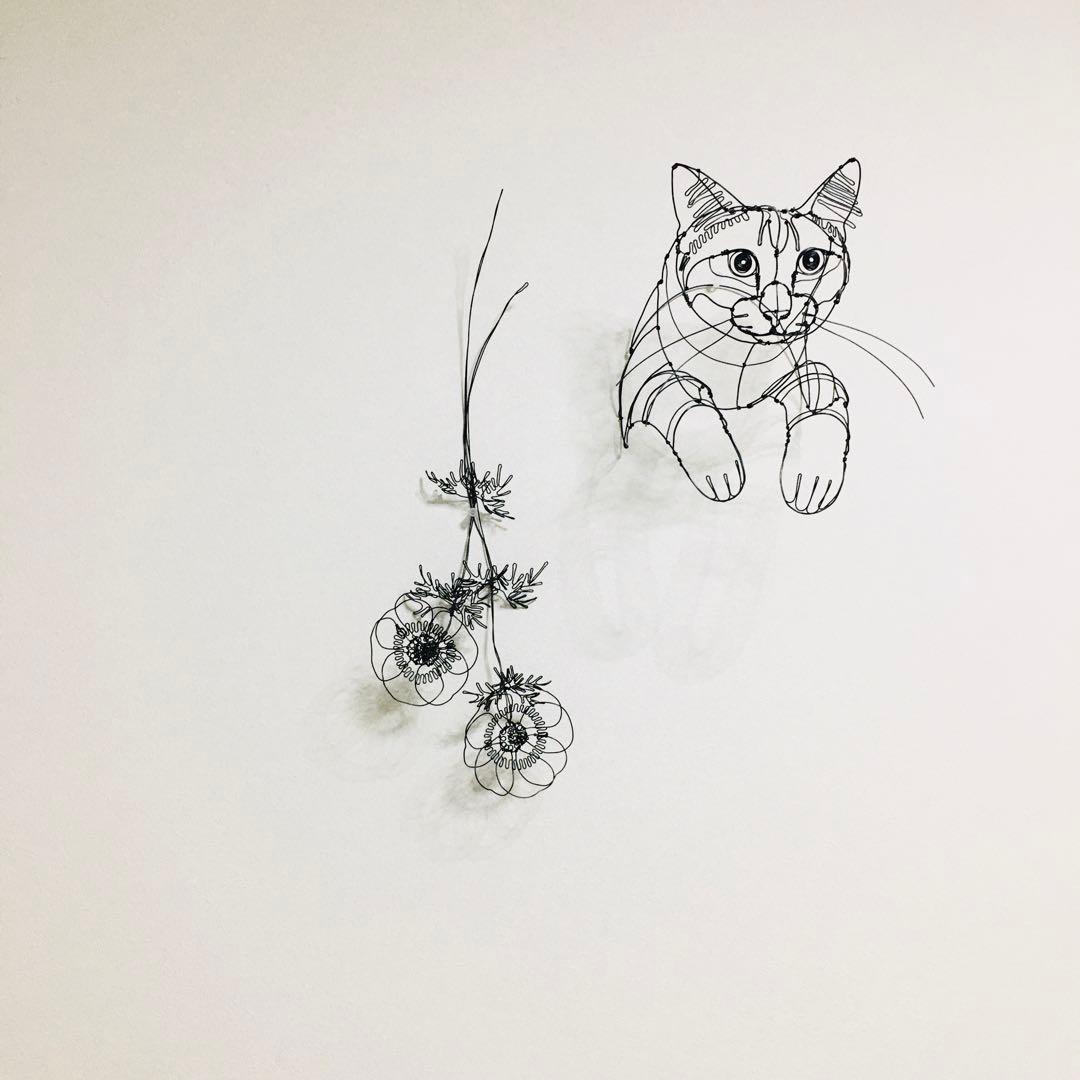 ワイヤーアート　ワイヤークラフト 花とねこ