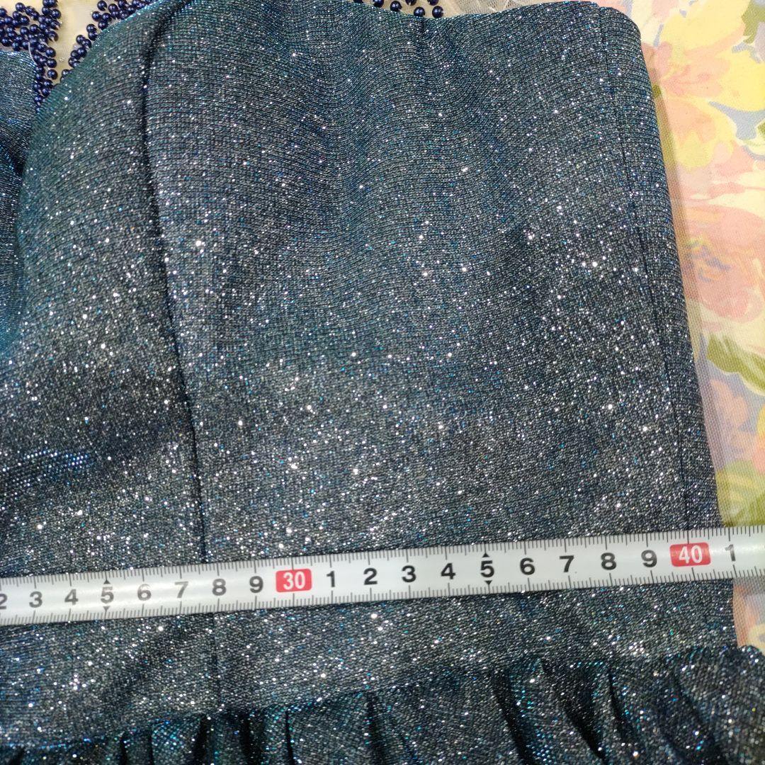 H-5 ダークブルー ビーズ＆光沢の有る総ラメ入装飾　 パーティドレス　カラオケ