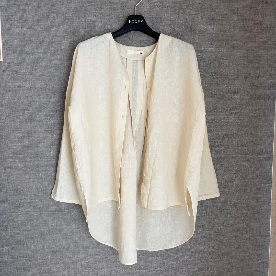 未使用級✨evam eva 水撚りリネンノーカラー 長袖ブラウス アイボリー F