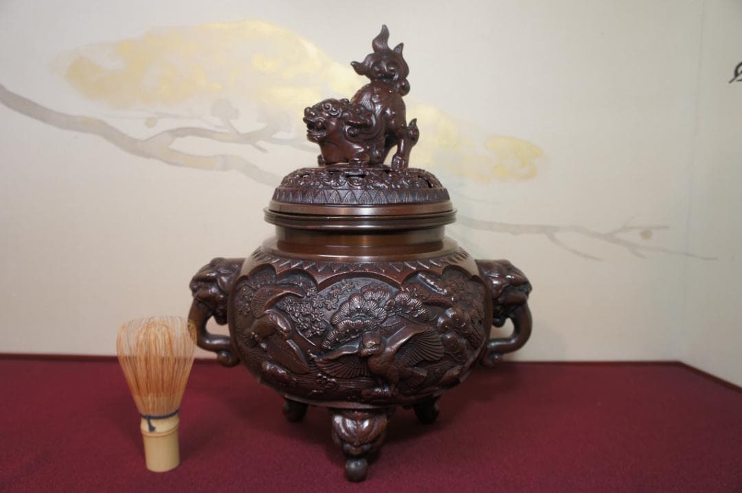 ★美品 高岡銅器 瑞峰作 新特大 花鳥 高級銅製香炉工芸作家造 送料込み