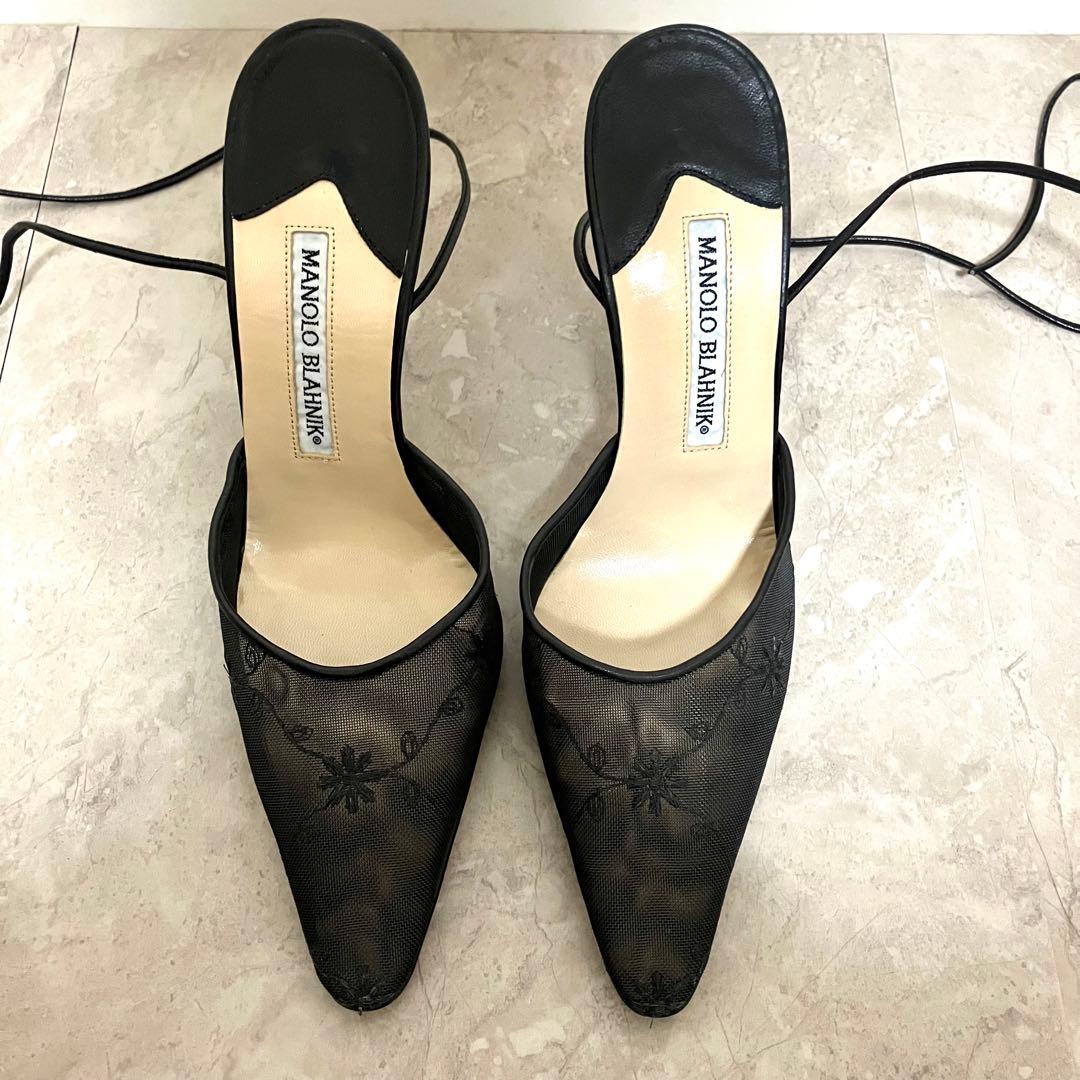 マノロブラニク　フラワー刺繍ミュール　ブラック黒　メッシュ　アンクルストラップ