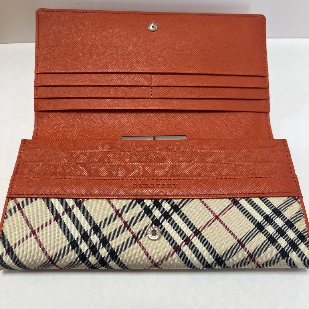 【希少色美品】バーバリー　二つ折り　がま口　チェック柄 長財布　オレンジ