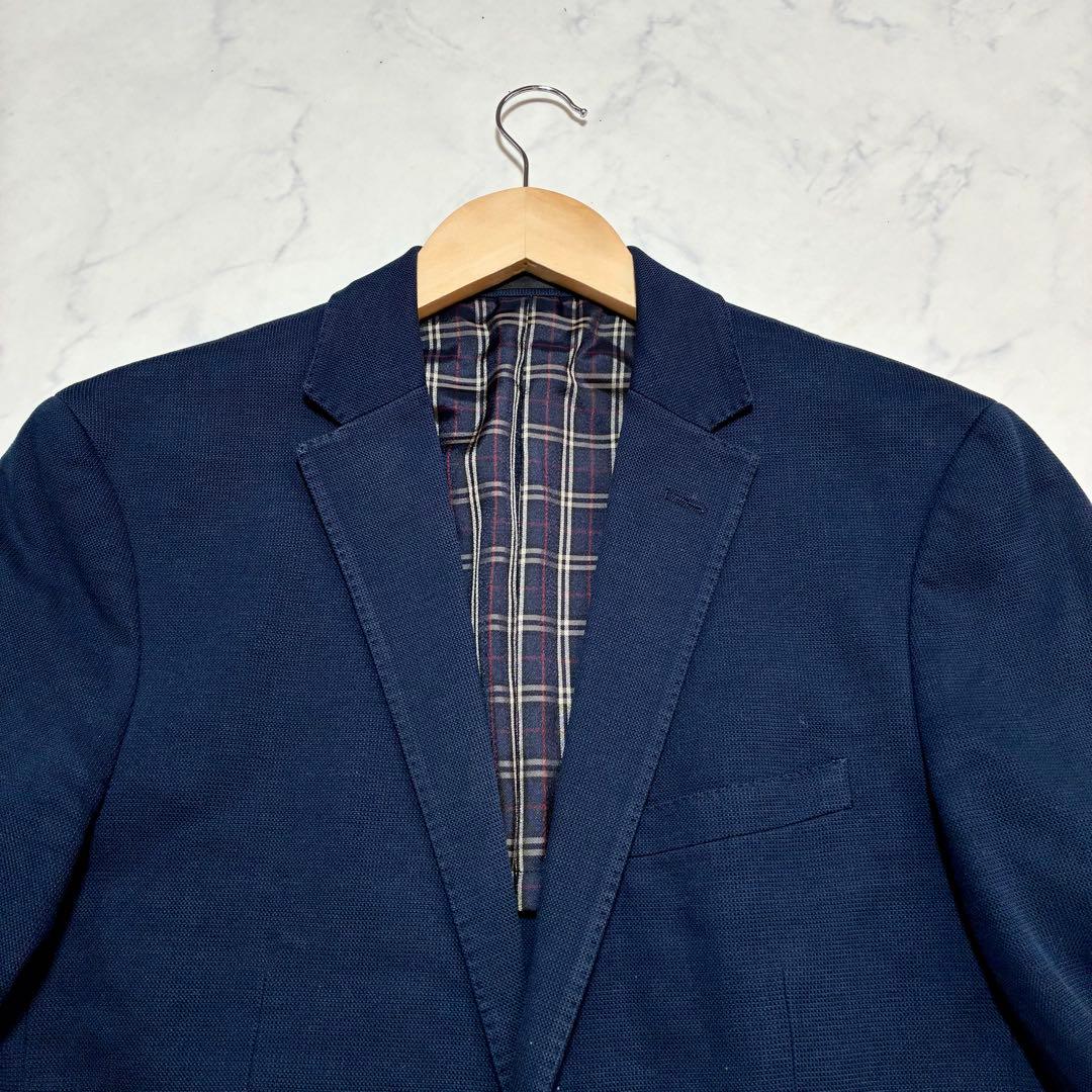 バーバリーブラックレーベル テーラードジャケット 鹿の子 ノバチェック 紺色 L