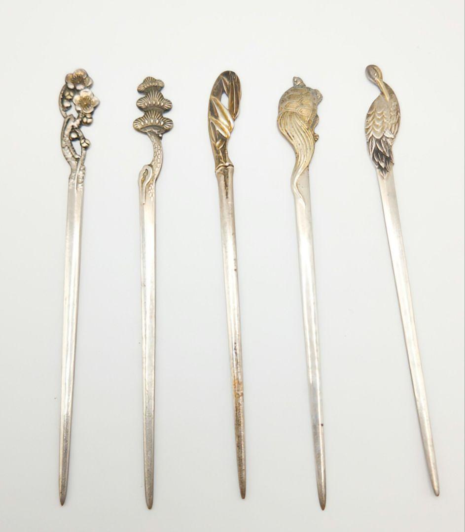 銀製　菓子切り楊枝　松竹梅と鶴亀　５本