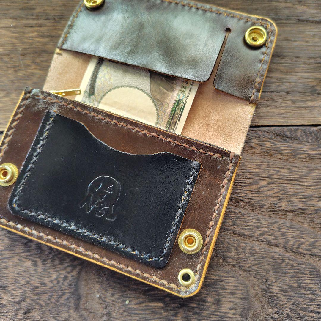 ミドルサイズ　トラッカー　ウォレット　茶×黒　手染め　薔薇