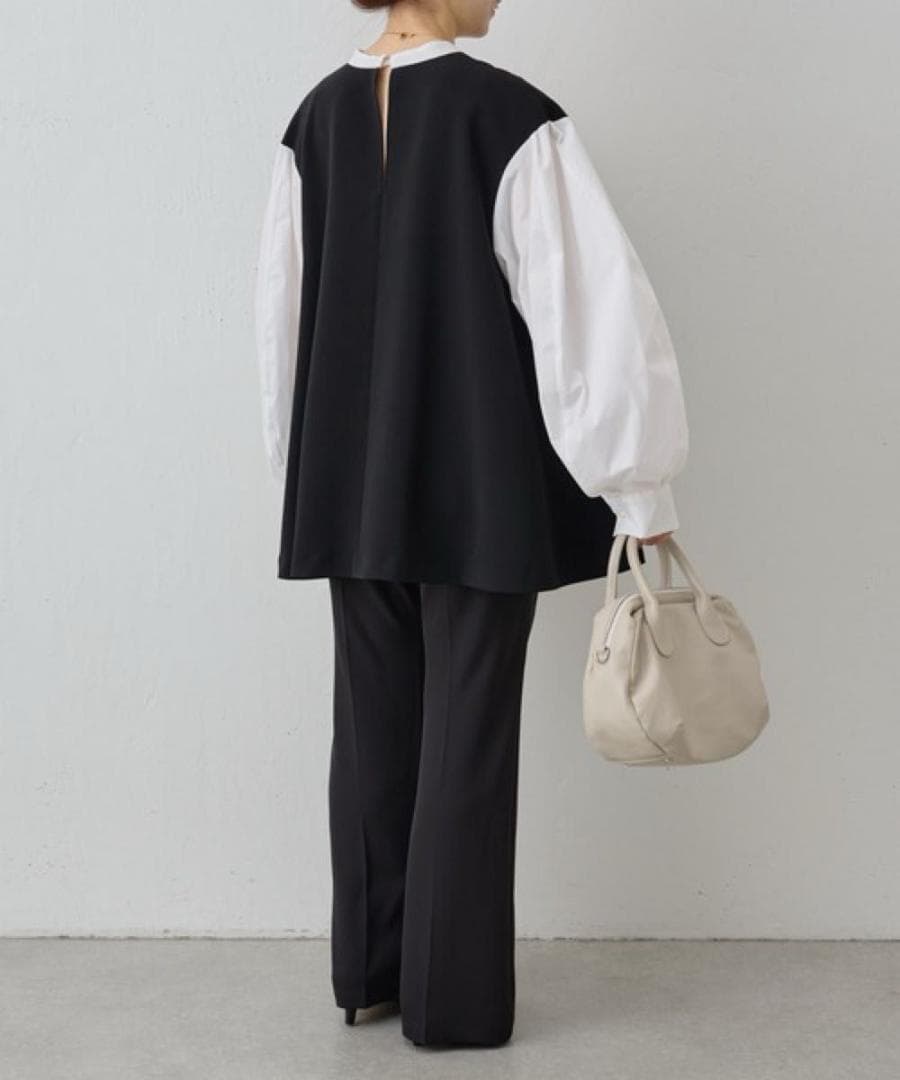 ビアズリー　レイヤード風ボリューム袖ブラウス　ブラック　洗える　長袖