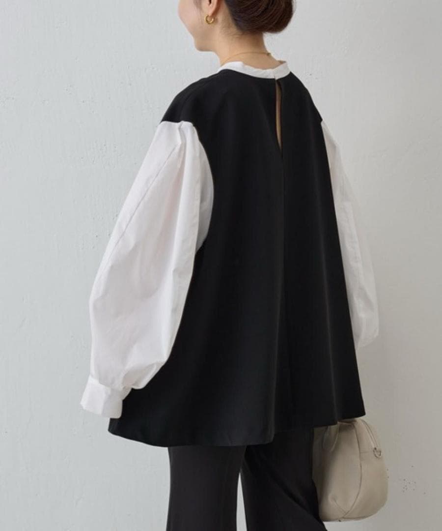 ビアズリー　レイヤード風ボリューム袖ブラウス　ブラック　洗える　長袖