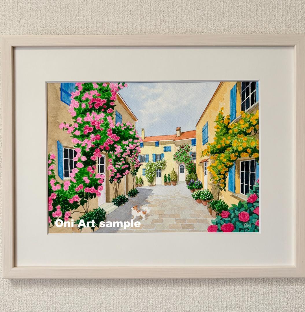 透明水彩画　原画　「花の咲く路地06」額縁付き　F4サイズ　風景画