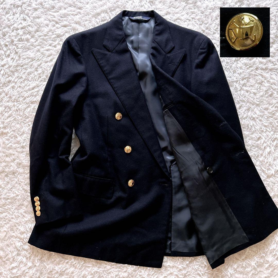 80s✨ポロラルフローレン　紺ブレ　ダブルテーラードジャケット　金ボタン