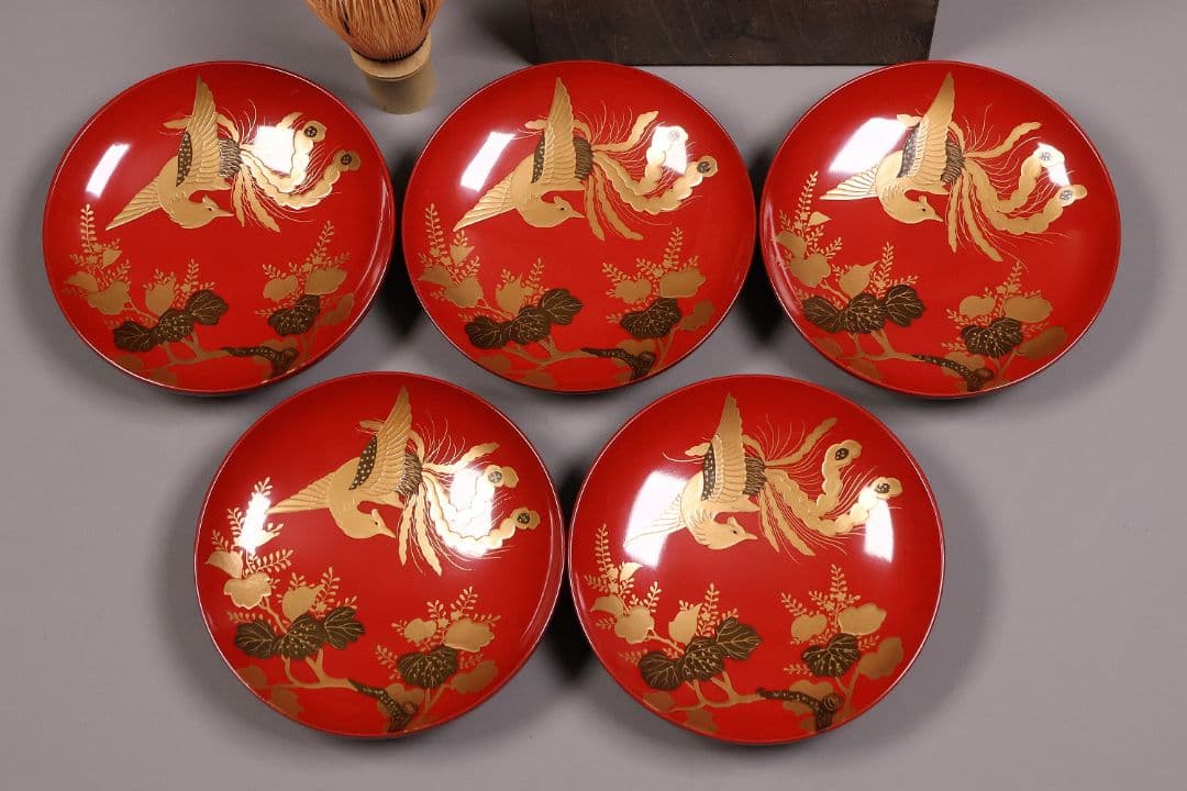 【MA776】時代木製漆器 桐鳳凰・菊 金蒔絵 朱塗 引盃 五客 木製漆器 小皿