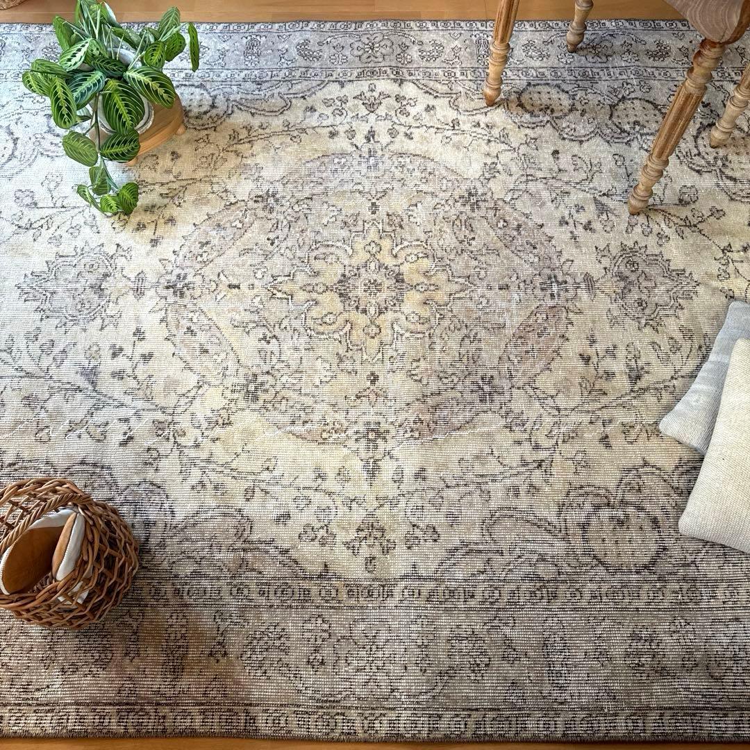 超大判168×263ナチュラルクリームブラウン　メダリオントルコヴィンテージラグ