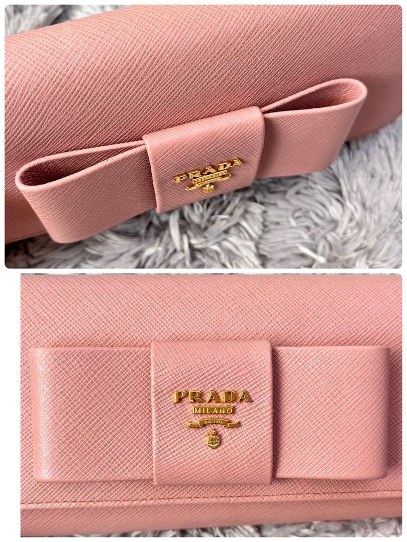 美品✨PRADA サフィアーノ　フィオッコ　リボン　メタルロゴ　長財布　ピンク