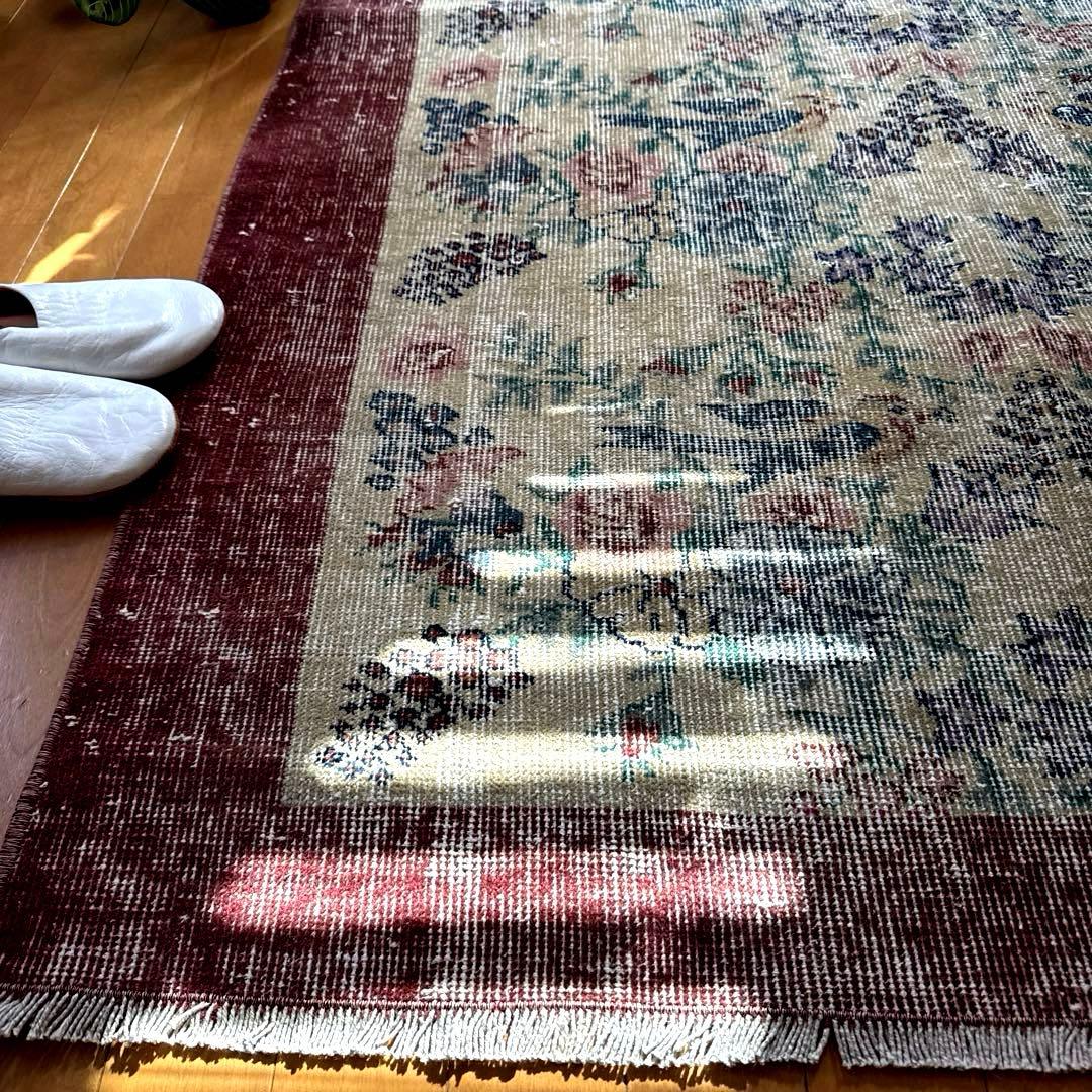 貴重116×190幸せの青い鳥　birdラグボタニカル　トルコヴィンテージラグ